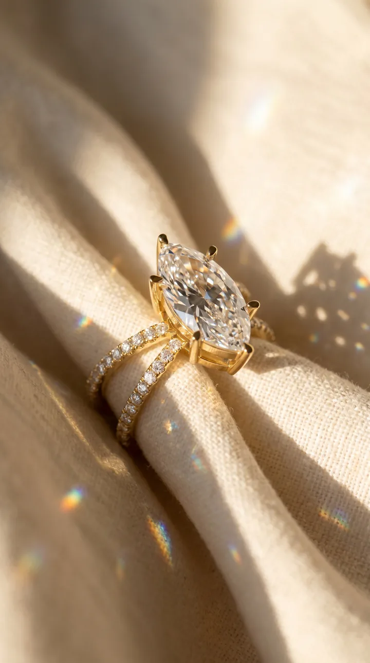 Marquise split-shank engagement ring in yellow gold shown in warm natural light.