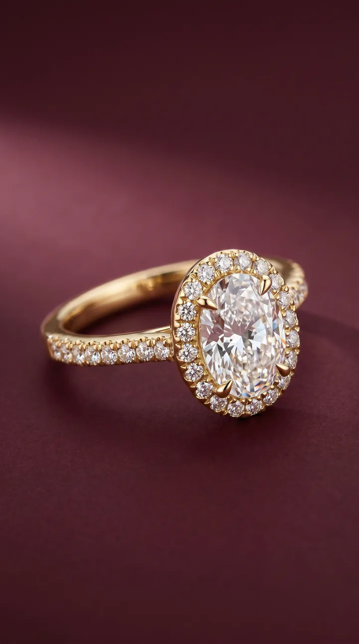 Oval halo ring showing how surrounding stones increase finger coverage.