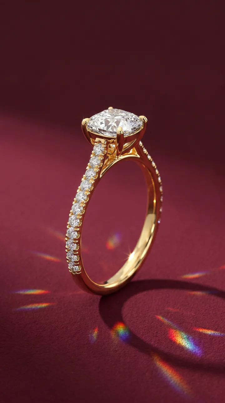 Cushion cathedral sidestone ring showing a center stone framed by bright shoulders.
